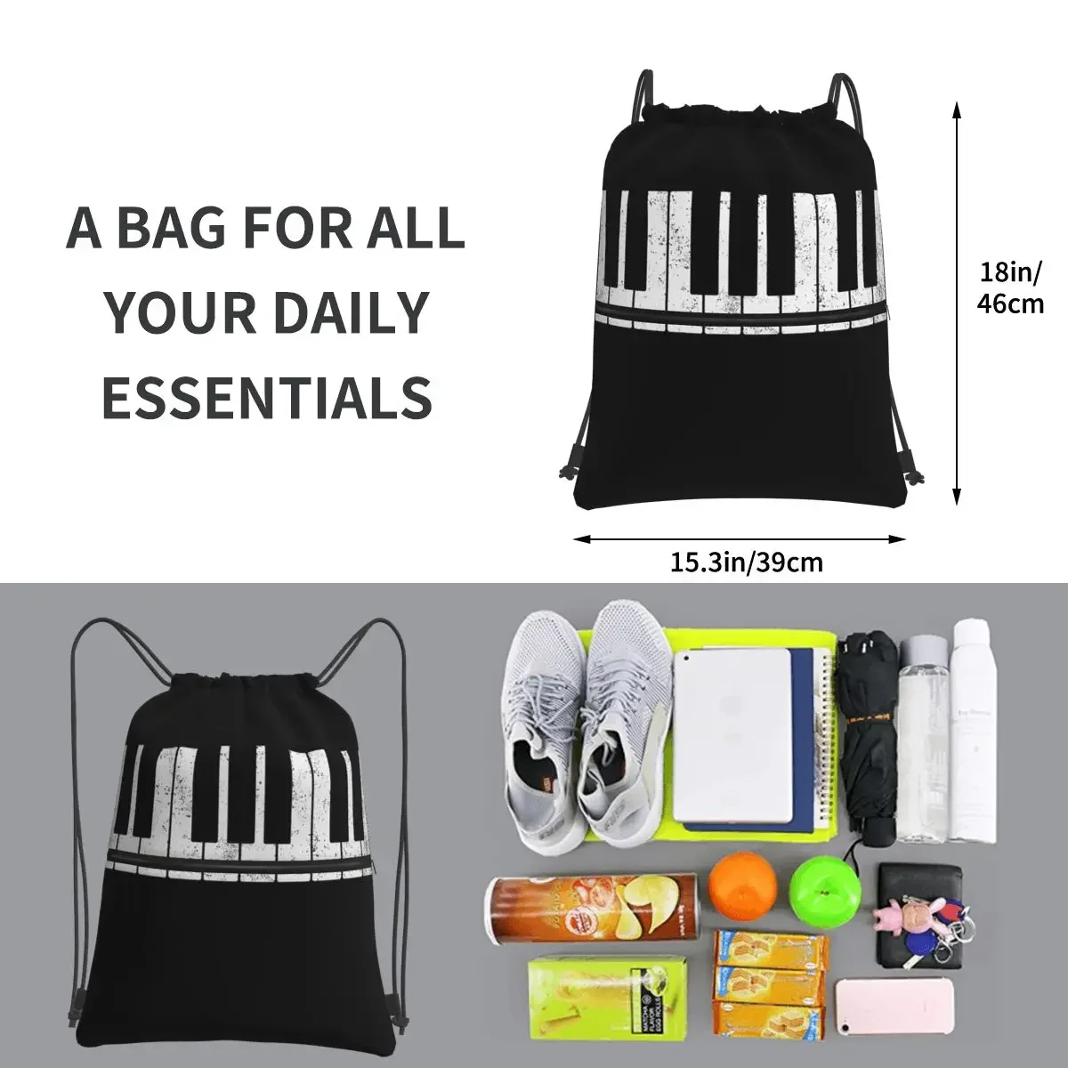 Pianista Piano mochila portátil con cordón, paquete de cordón de moda, bolsas de almacenamiento de bolsillo para estudiantes escolares