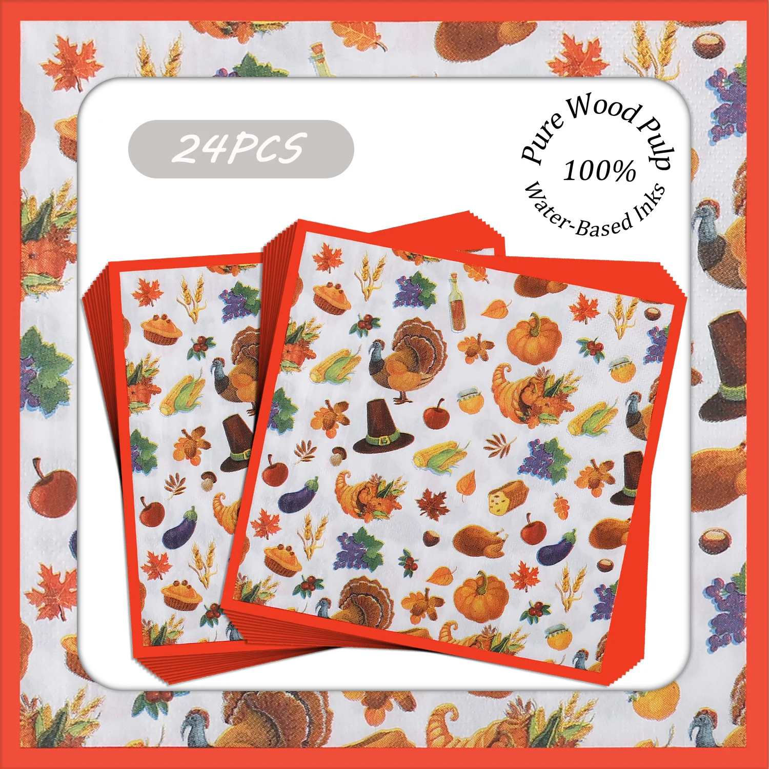 24pcs Thanksgiving Theme with Turkey and Pumpkin Paper Cocktail Napkins 33x33cm Disposable for Thanksgiving Party Decorative
