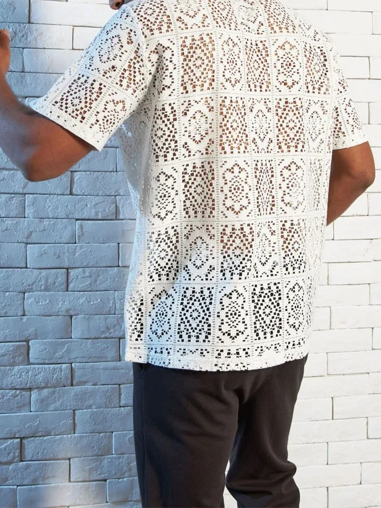 2025 Summer New Casual Mesh Shirt Tops Mens Short Sleeve Lapel Buttoned Mesh Lace Shirts For Men Sexy Transparent Cardigan Tops