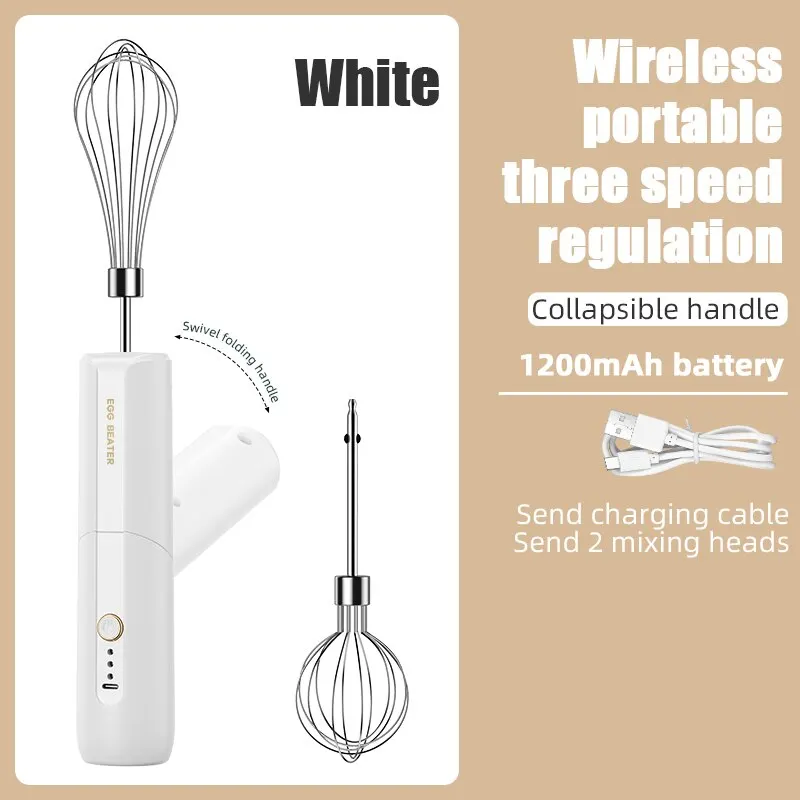 خلاط قابل للطي لاسلكي محمول USB لإعادة الشحن كهربائي محمول باليد كعك كريم منزلي مضرب إرسال رأسين خلط