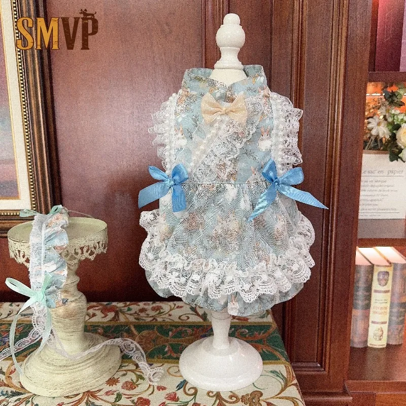 

Summer Lightweight Pet Lolita Dress Rabbit Print Princess Outfit with Lace and Bows Shedding-Resistant Fabric Puppy Clothes