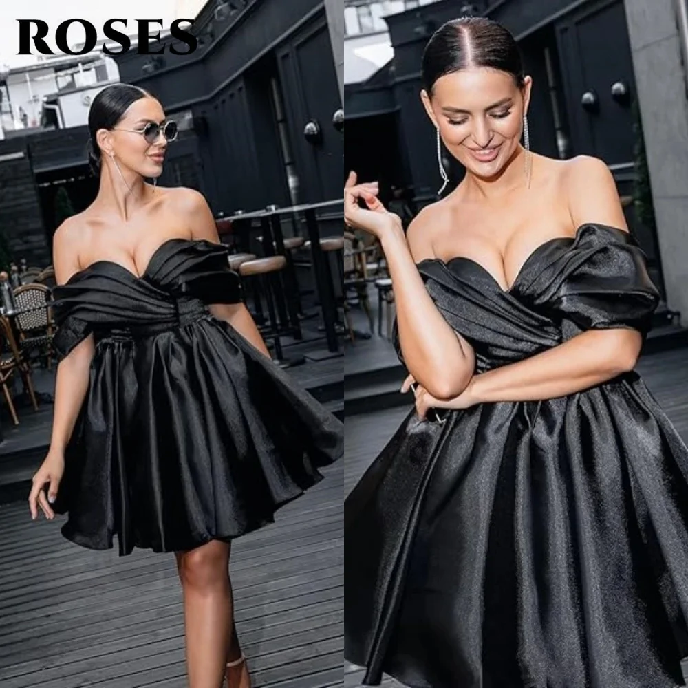 

ROSES Black Trendy Evening Dresses Off the Shoulder Short Flared Prom Dress with Puffy Sleeves and Lace-Up Back Skirt Customized
