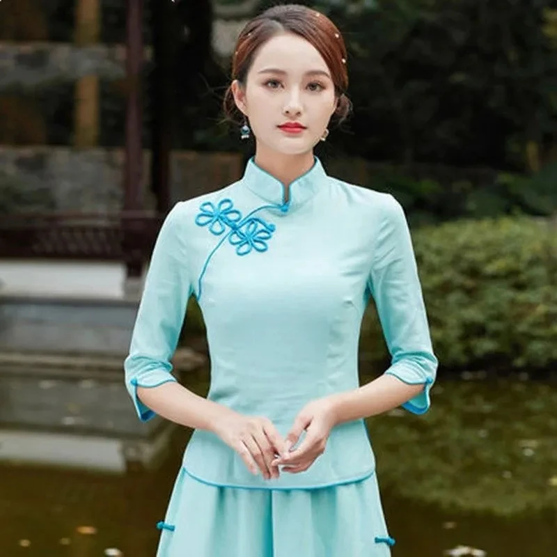 Chinese Traditional Top Ethnic Style Retro Improved Qipao Self-cultivation Elegant Student Tea Artist Tang Set Vintage Cheongsam