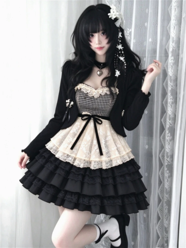 Kawaii Preppy Japanese Sweet 2 Piece Matching Outfit Lace Bow Patchwork Tops Y2k Mini Skirt Elegant Trendy Fashion Daily Set New