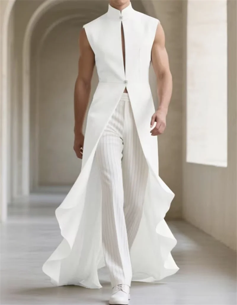 White Groom Men Suit Set 2 Pcs Vest+Pants Trousers Long Train Wedding Tuxedos Coat Customized Formal Office Fashion Jacket