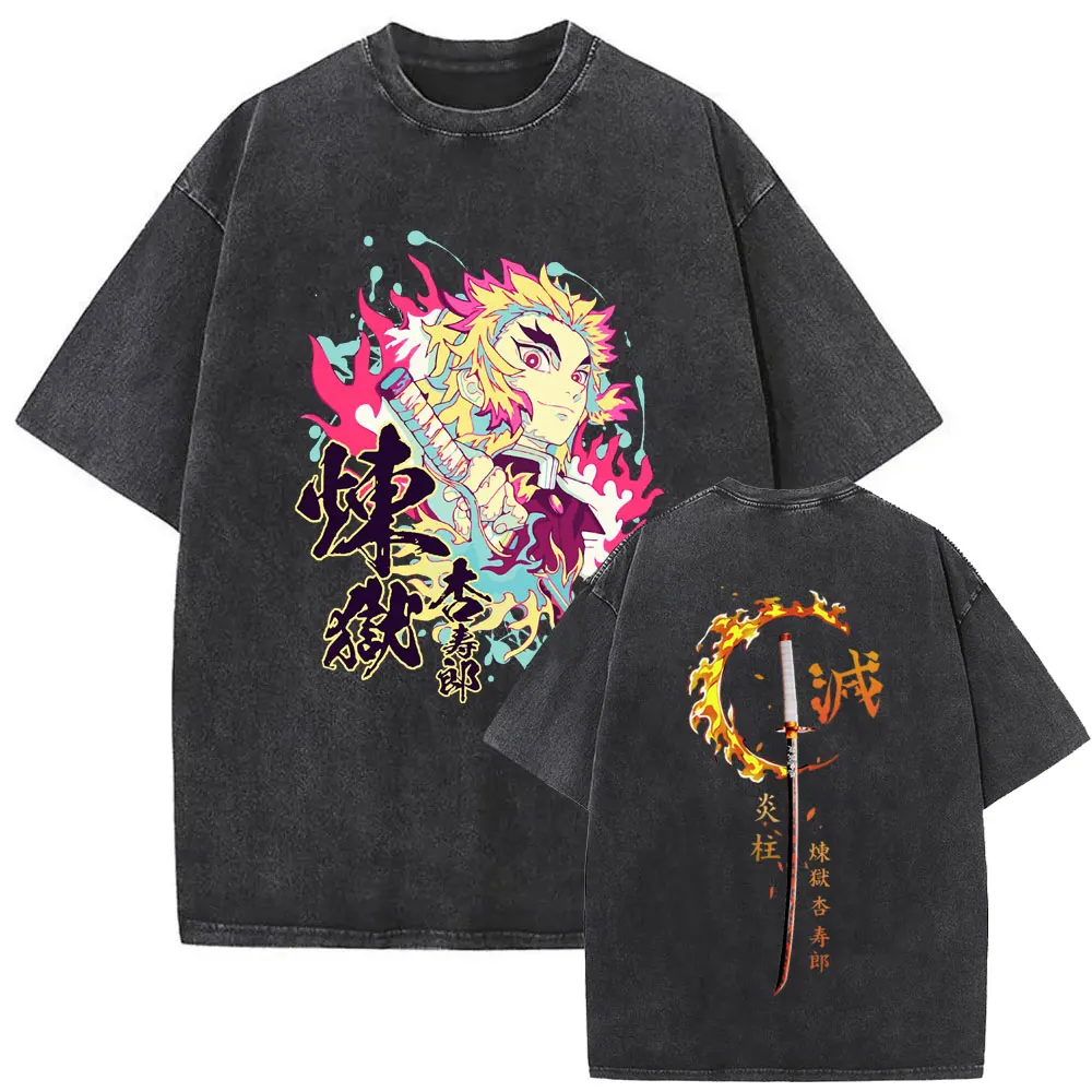 

Anime Demon Slayer Washed Vintage T Shirts Men's Cartoon Rengoku Kyoujurou Graphic T-shirt Men Women Fashion Trend T-shirts Tops