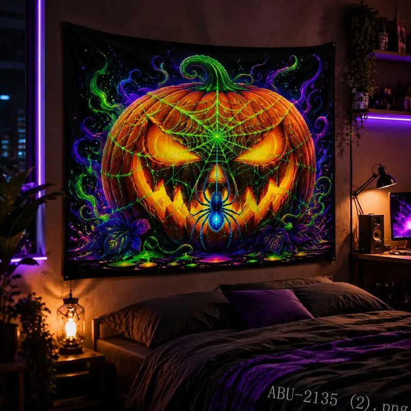 VIKAMA Halloween Pumpkin Skull Black Light Tapestry, Psychedelic Horror Wall Hanging, Aesthetic Dorm Esports Room Wall Decor