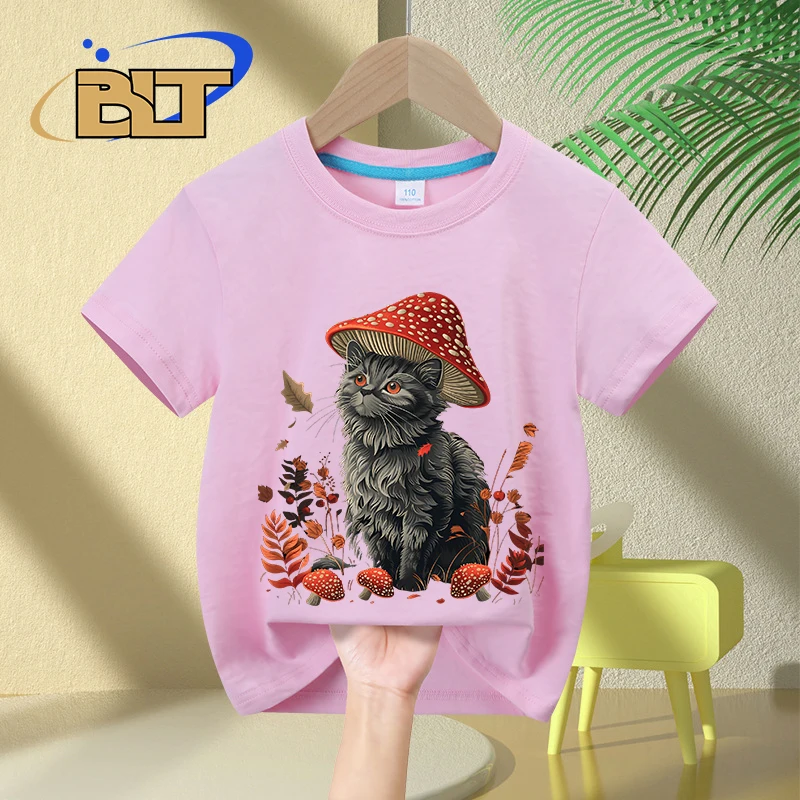 Mushroom cat print children's clothing summer kids T-shirt pure cotton short-sleeved casual tops boys and girls gifts