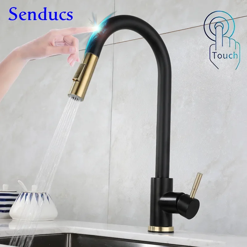 Touch Kitchen Faucet Senducs Black Gold Pull Out Kitchen Sink Mixer Tap Hot Cold Sensive Sensor Touch Kitchen Sink Faucets