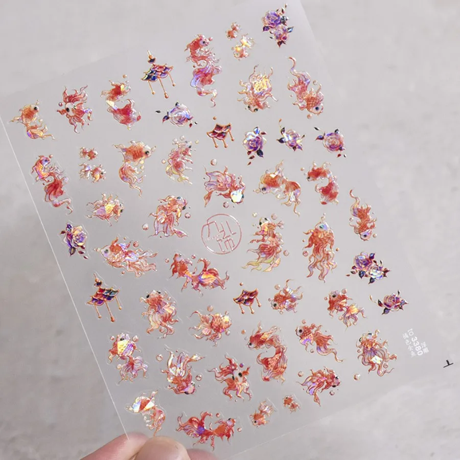 1pcs 5D Embossed Glitter Fish Nail Art Kawaii Stickers Pink Yellow Red Self-adhesive Transfer Nail Decorations Slider Decals DIY