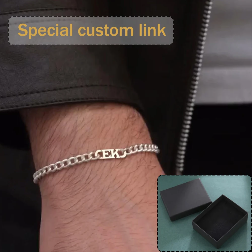 

Custom Logo Bracelet for Men Personalized Engraved Charms with 5mm Cuban Chains Black Gift Box
