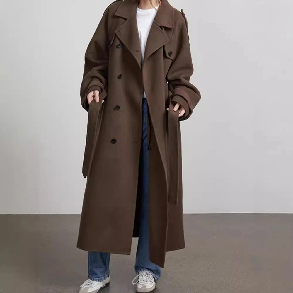 Autumn Winter Warm Large Coat Women Vintage Tweed Double Breasted Woolen Coat Women Long Sleeve Turn-Down Collar Woolen Coat
