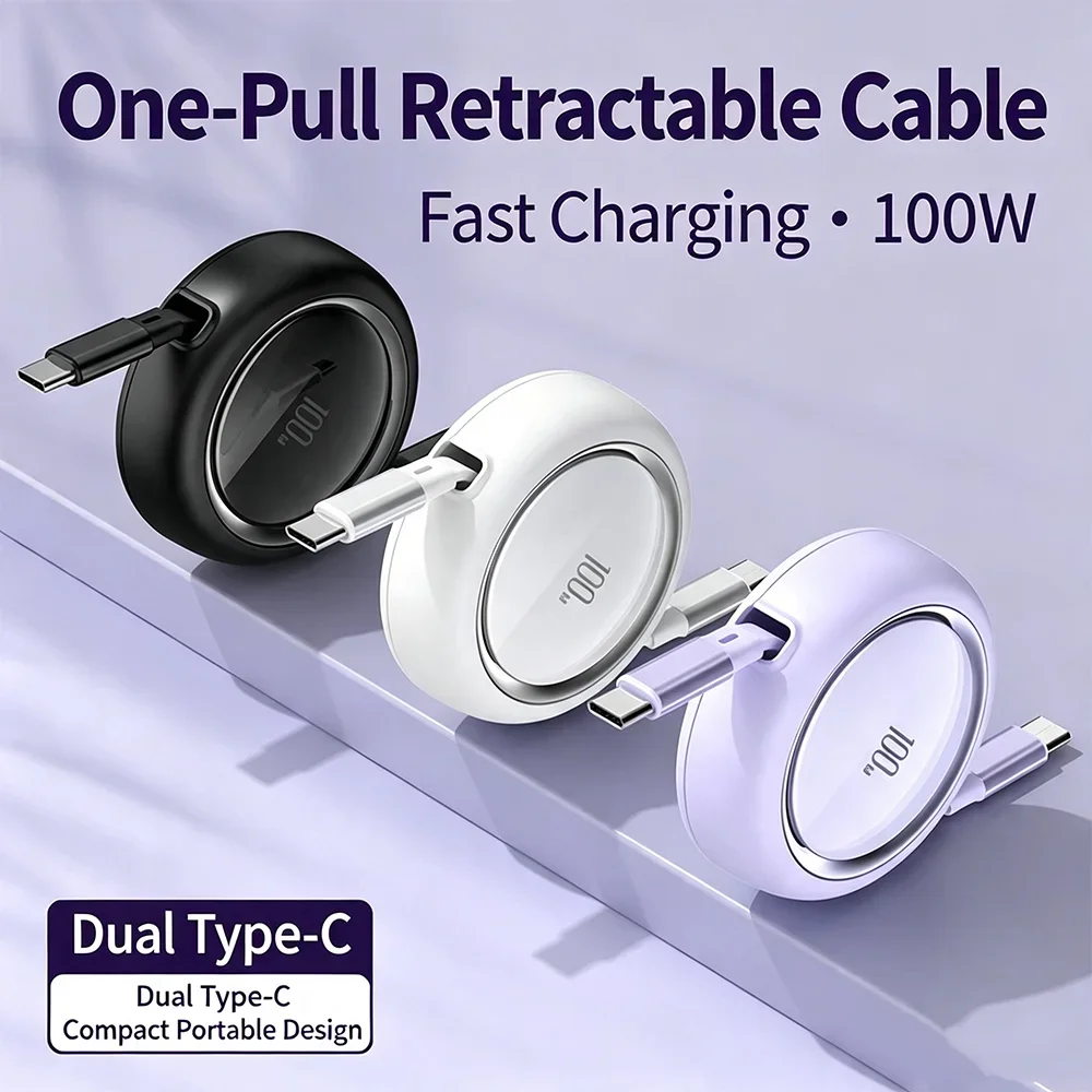 HANNUO 1M 100W Fast Charging Type C Cable Retractable USB C To USB C Telescopic Data Cord for 17 Pro Max Samsung Huawei Xiaomi
