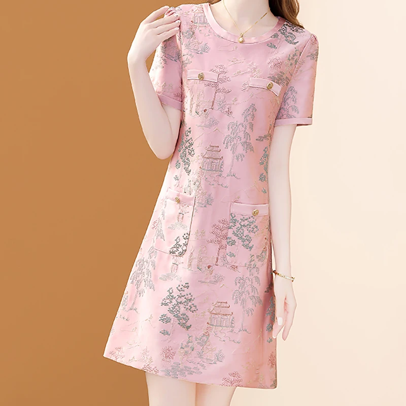 EVNISI Women Elegant Floral Embroidery Dress Short Sleeve Casual Office A-line Dresses Pocket Summer Chic Women Pink Vestido