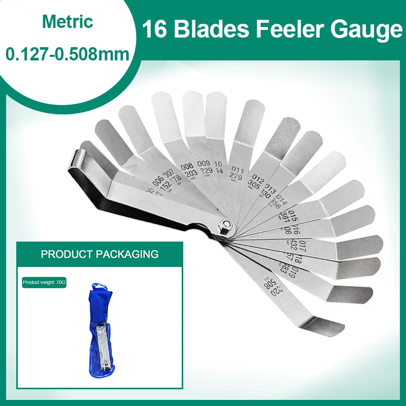 16 Blades Feeler Gauge Metric 0.127-0.508mm Stainless Steel Curved Gap Filler Gauge for Woodworking or Engine Valve Measurement