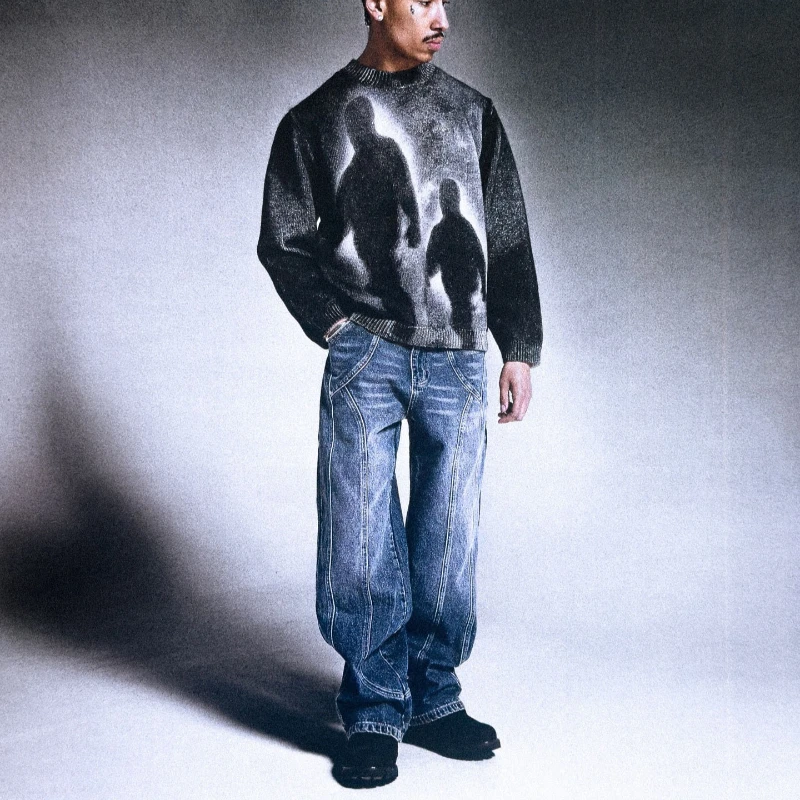 

Новый стильный свободный вязаный свитер с круглым вырезом, готический ретро-стиль, уличная мода, хип-хоп, осенне-зимний повседневный топ, одежда в стиле Y2K.