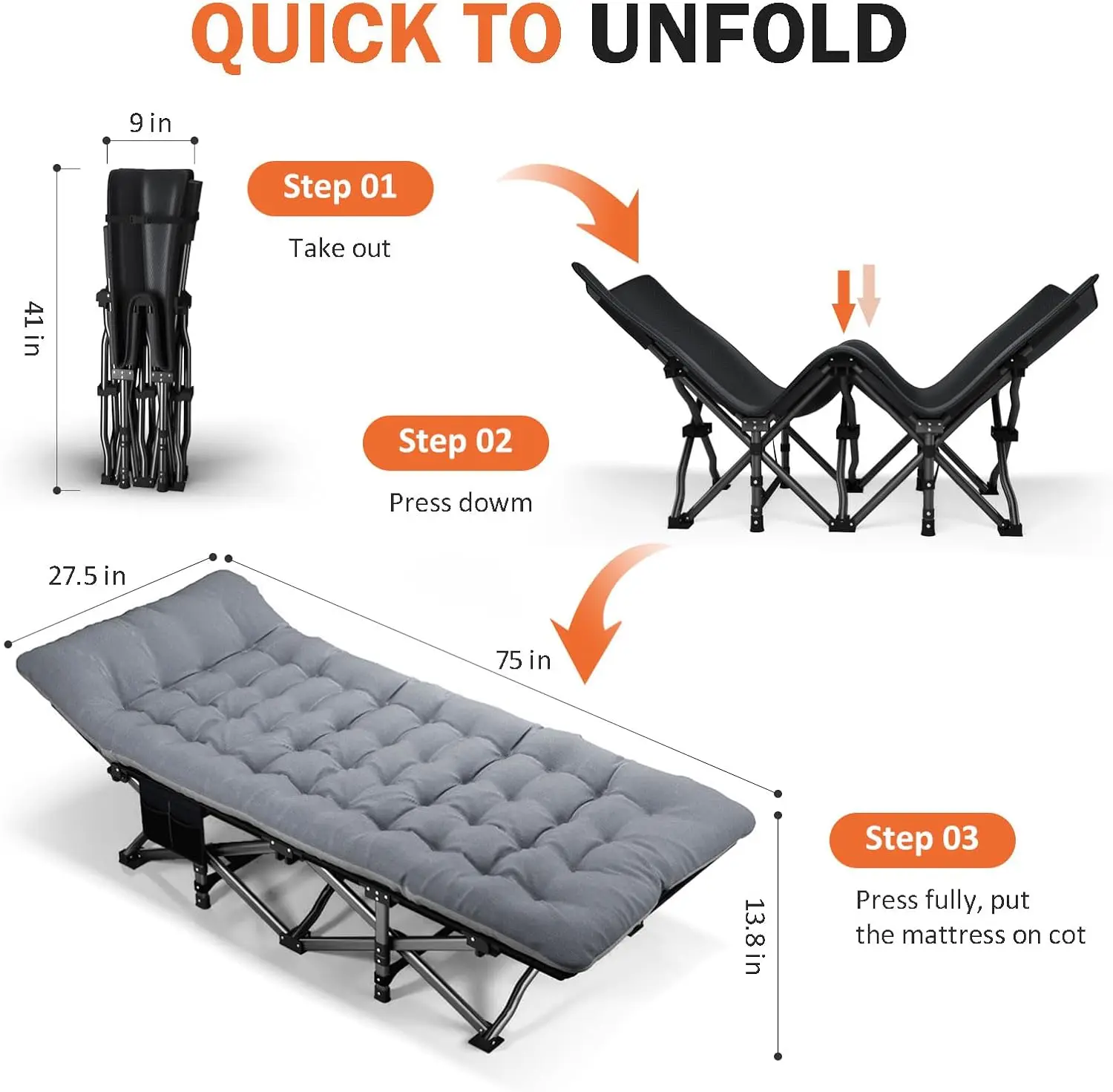 Folding Camping Cot Bed for Adults, Comfortable Cushion Included