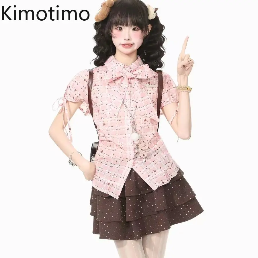 Kimotimo Japanese Lolita Plaid Print Short Sleeve Shirt Women Summer Lapel Bow Bandage Slim Button Blouse Sweet Ruffle Crop Top