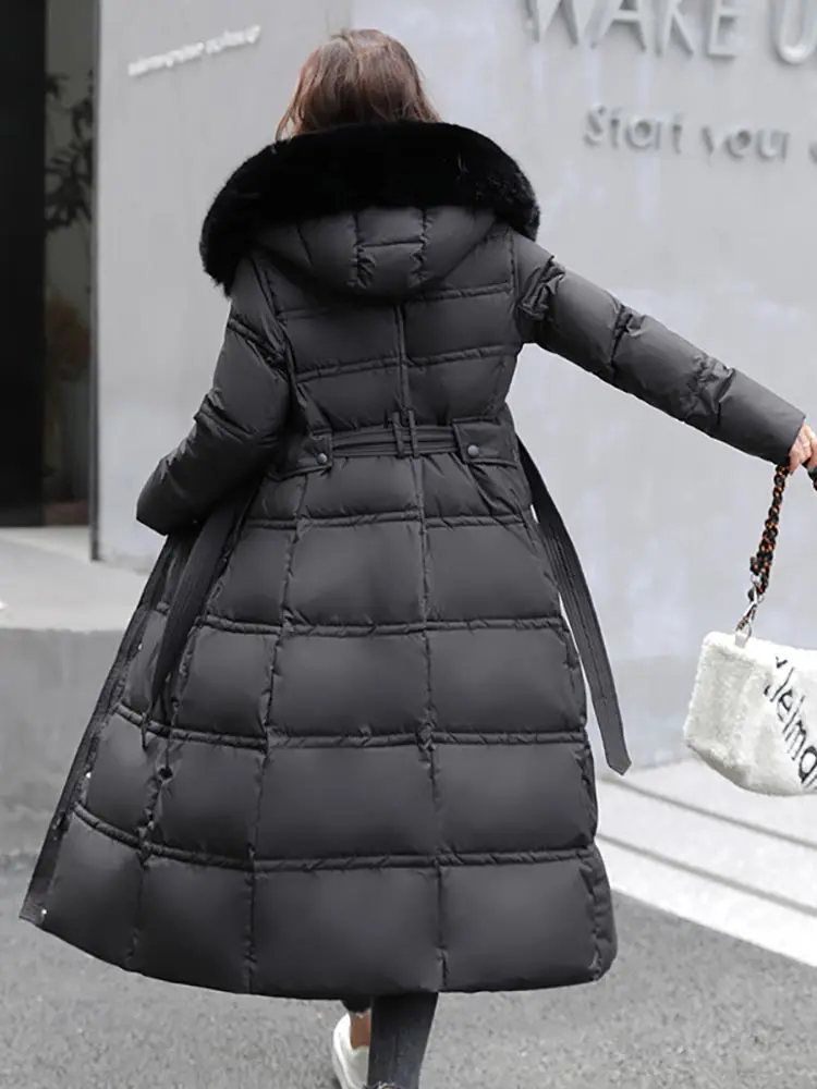 Vielleicht Winter Long Parkas for Women Hooded Fur Collar High Quality Warm Thick Female Coat Snow Wear Jacket Clothes With Belt