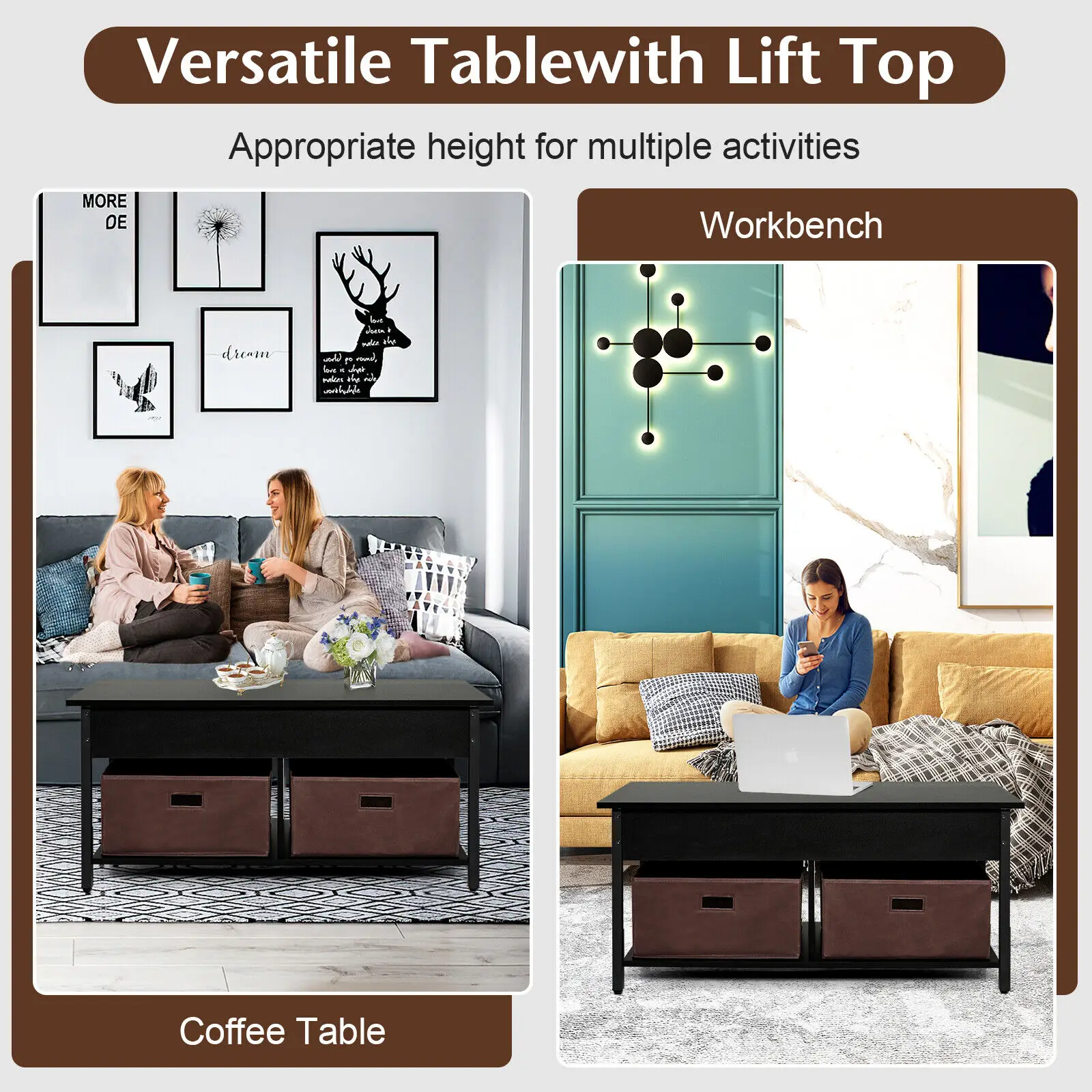 Costway Lift Salontafel Multifunctionele Pop-Up Centrale Tafel Met Lifting Tafelblad