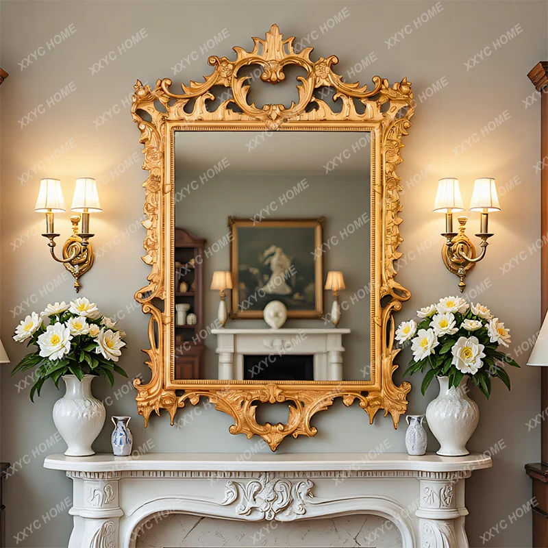 XX Style Makeup Mirror Vintage Carved Light Luxury Entrance Vanity Mirror  Fireplace Wall Hanging Decoration