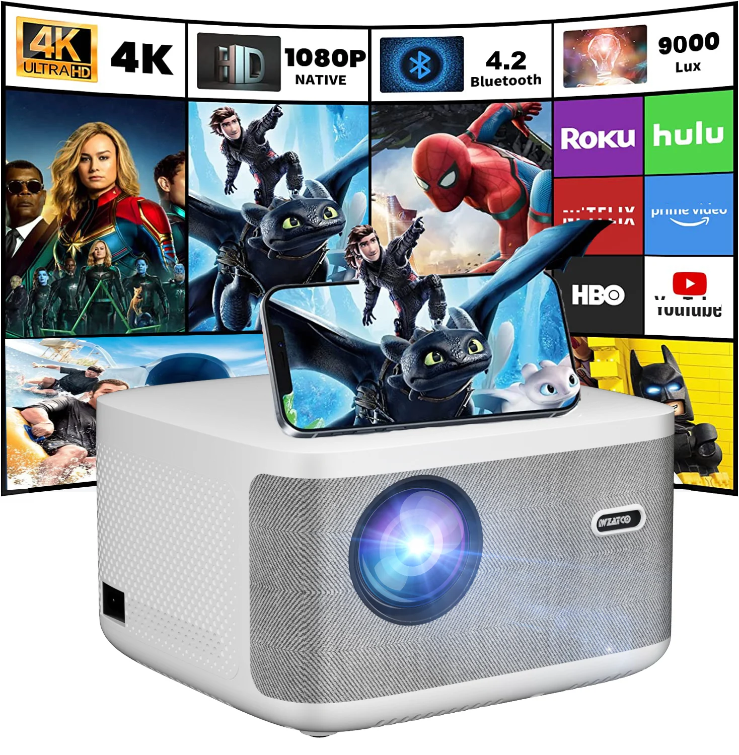 WZATCO-Projetor LED Smart Digital Focus, Cinema em casa, Projetor de Vídeo, Beamer, Android 9, 32G, WiFi, 4K, Full HD, 1920x1080P, A20, 200\