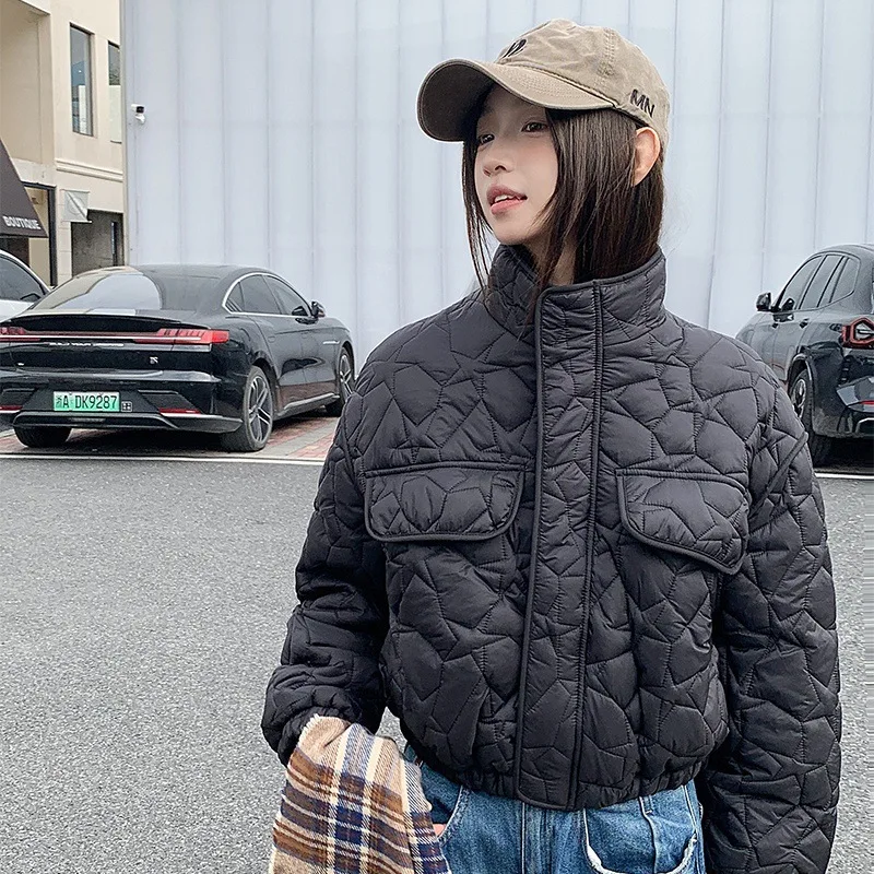 

Design Drawstring Waist-Fitted Short Cotton Jacket Loose High-Neck Long-Sleeve Outerwear for Women Autumn Winter Quilted Jacket