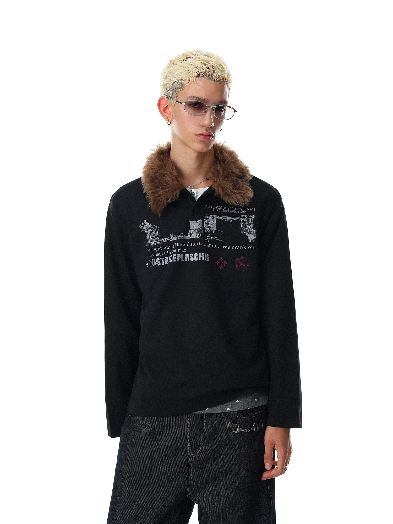 American Retro High Street Style Long Sleeve T-Shirt for Men Black Collar Removable Fur Collar Printed Loose Fit Casual Top