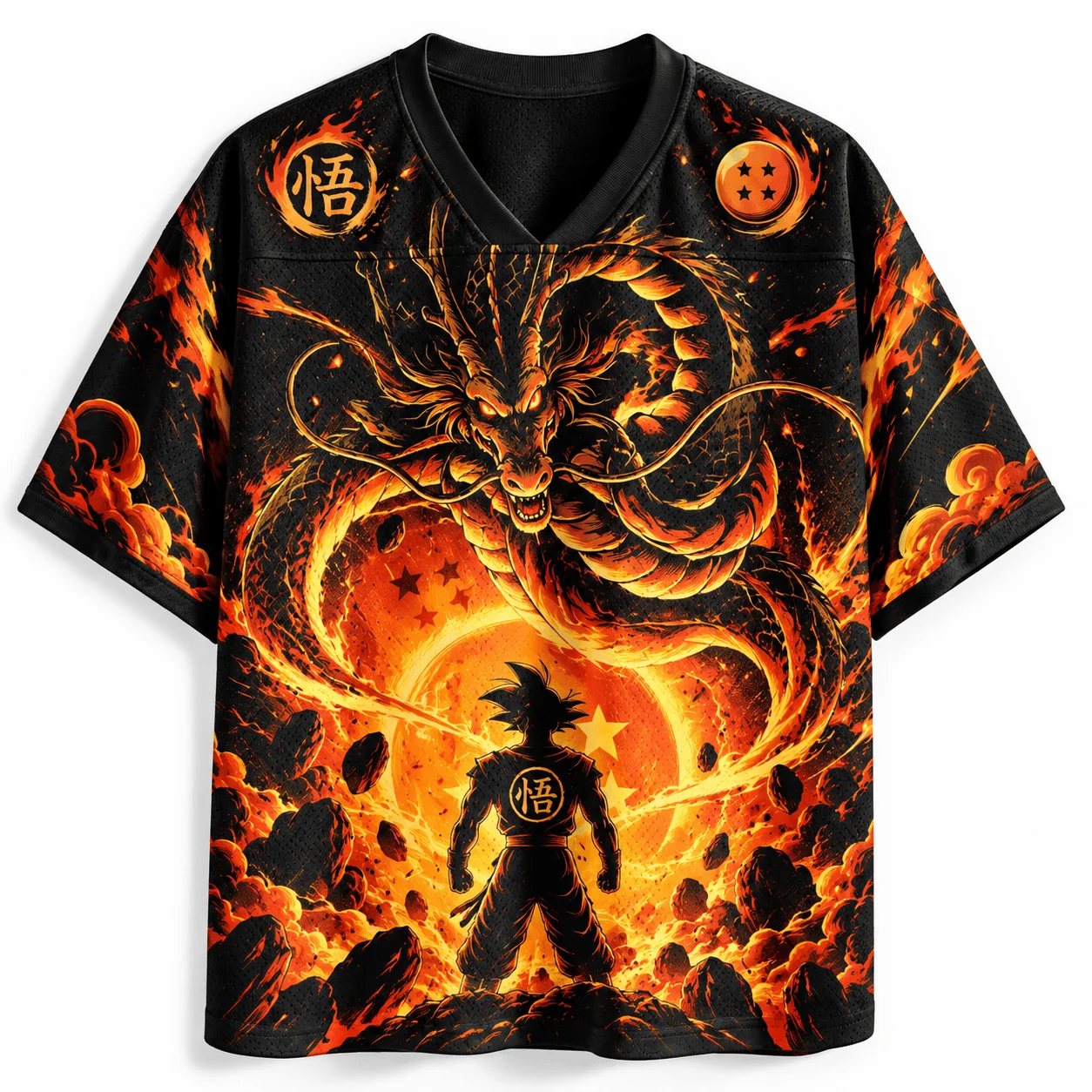 Dragon Ball Anime Dragon Wukong Flame Theme Mesh V-neck Shirt Unisex Flame Dragon Illustration Classic Japanese Anime