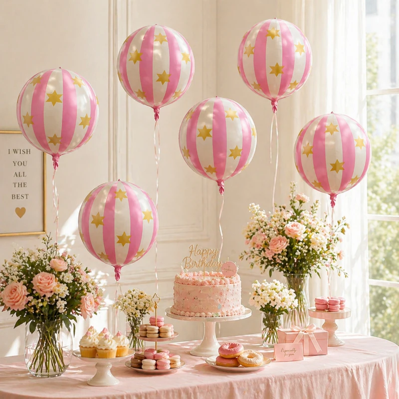 4D Pink Star Printed Circular Foil Balloon, for Shower, Birthday, Wedding, Holiday Event Atmosphere Decor Carnival Party Decor