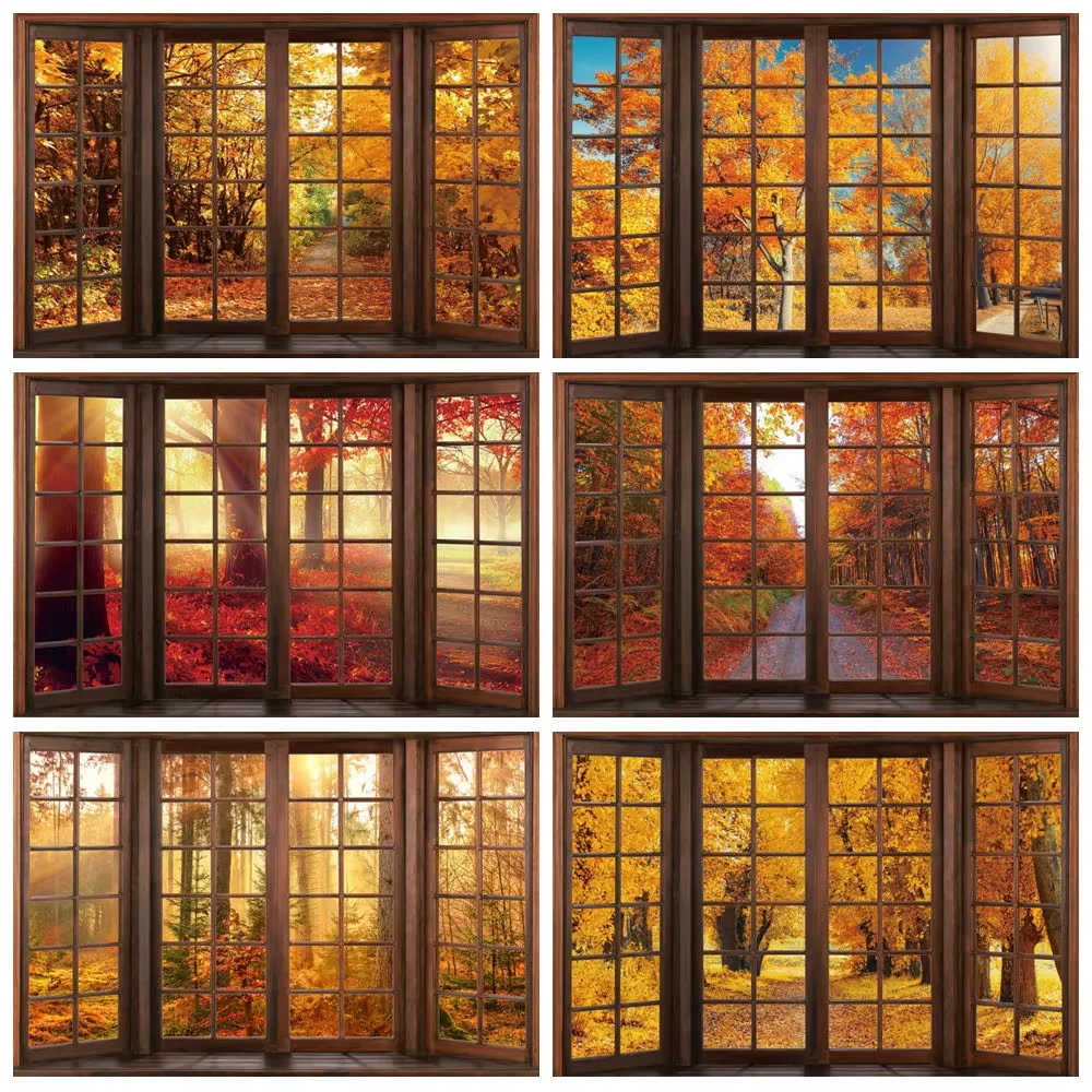 Autumn Window Photography Backdrops Maple Leaves Sunshine Baby Shower Portrait Harvest Thanksgiving Party Decor Photo Background
