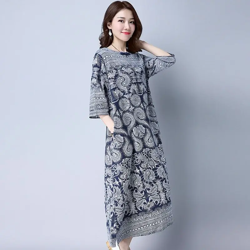 Robe mi-longue en lin pour femmes, vêtements surdimensionnés, ample, imprimé, Vintage, bureau, col rond, manches courtes, t-shirt fin, été