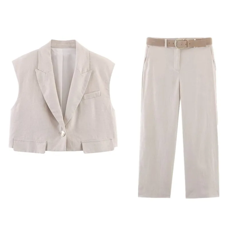 Klassische Leinenmischung, Svel-Kragenweste für Damen, Faion, Sommer 2022, Neuankömmling, zweiteiliges Set, lange Hosen, Knopfverschluss