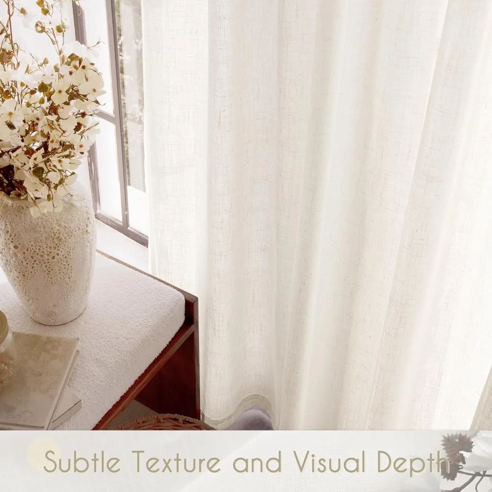 Light Filtering Linen Curtains - 102 Inch Long, 2 Panel Set for Living Room and Home Office, Modern Minimalist Style