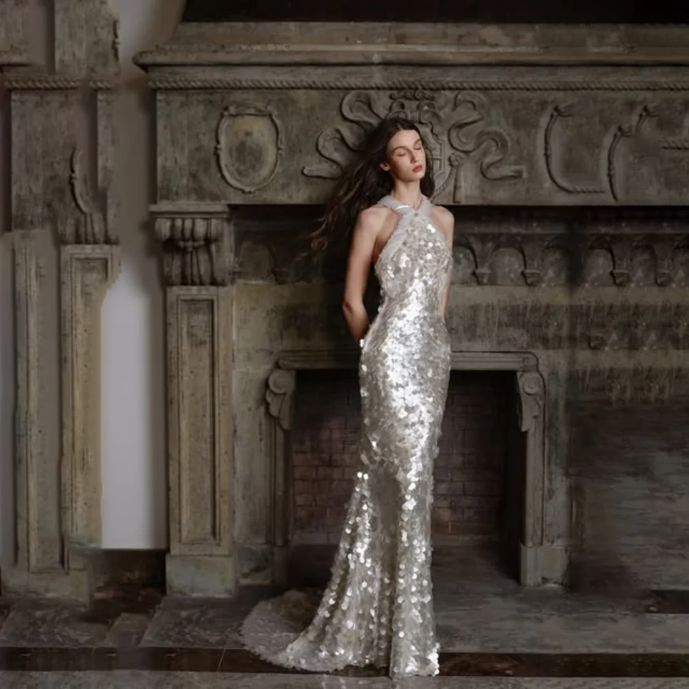 Customized Silver Halter Crisscross Back Mother Of The Bride Gown Large Sequin Mermaid Formal Wedding Evening Dress With Train