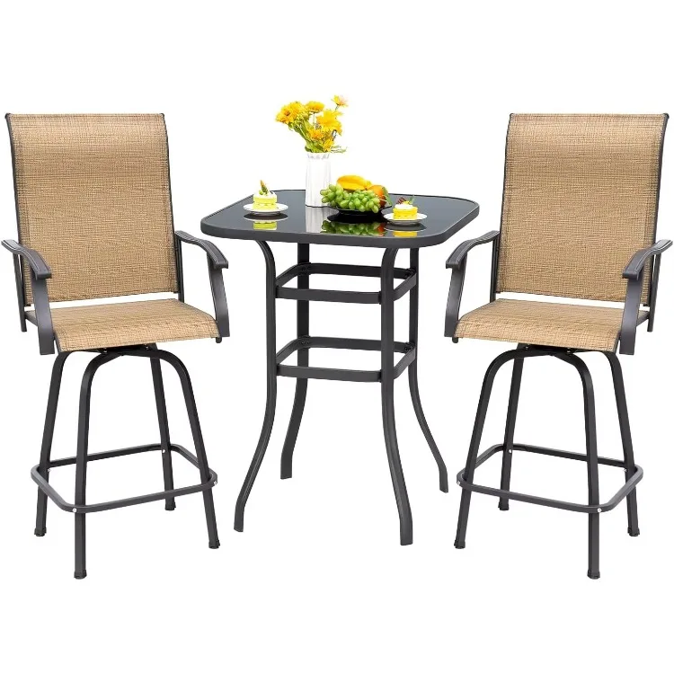 Devoko Patio Swivel Bar Set 3 Pieces Patio High Top Bar Table and Stools Chairs Set Textilene Sling Fabric Outdoor Bar Stools