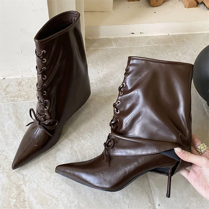 

Eilyken Spring Cosy Soft PU Leather Cross-tied Woman Ankle Boots Street Style Sexy Thin High Heels Stripper Shoes