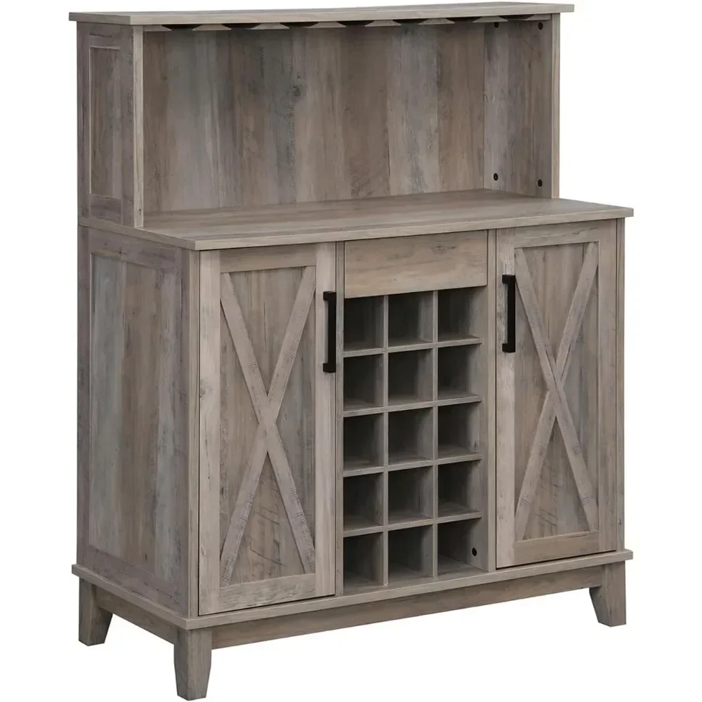 Bar Cabinet With Wine Rack And Glass Doors (Grey Wash- Solid)|