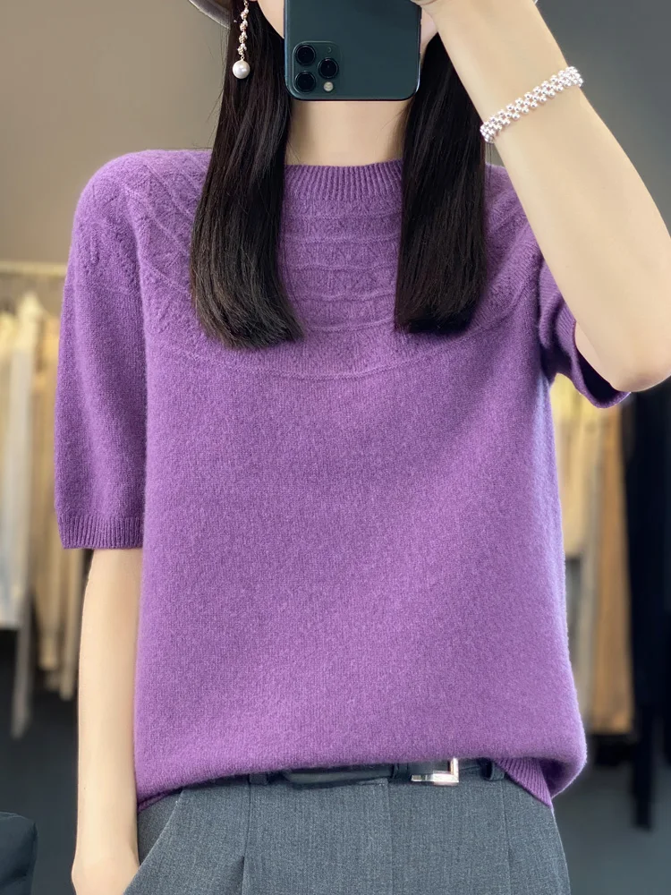 

Женская вязаная футболка из 100% мериносовой шерсти с круглым вырезом, тонкая, повседневная, модная, с коротким рукавом