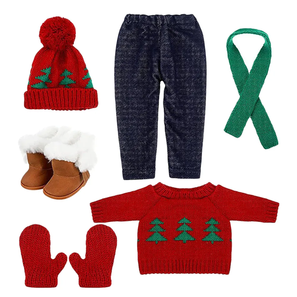 

1Set Mini Christmas Outfit Soft Cozy 18In Sweater Pants Hat Scarf Gloves Shoes Holiday Dress Up Clothes Costume