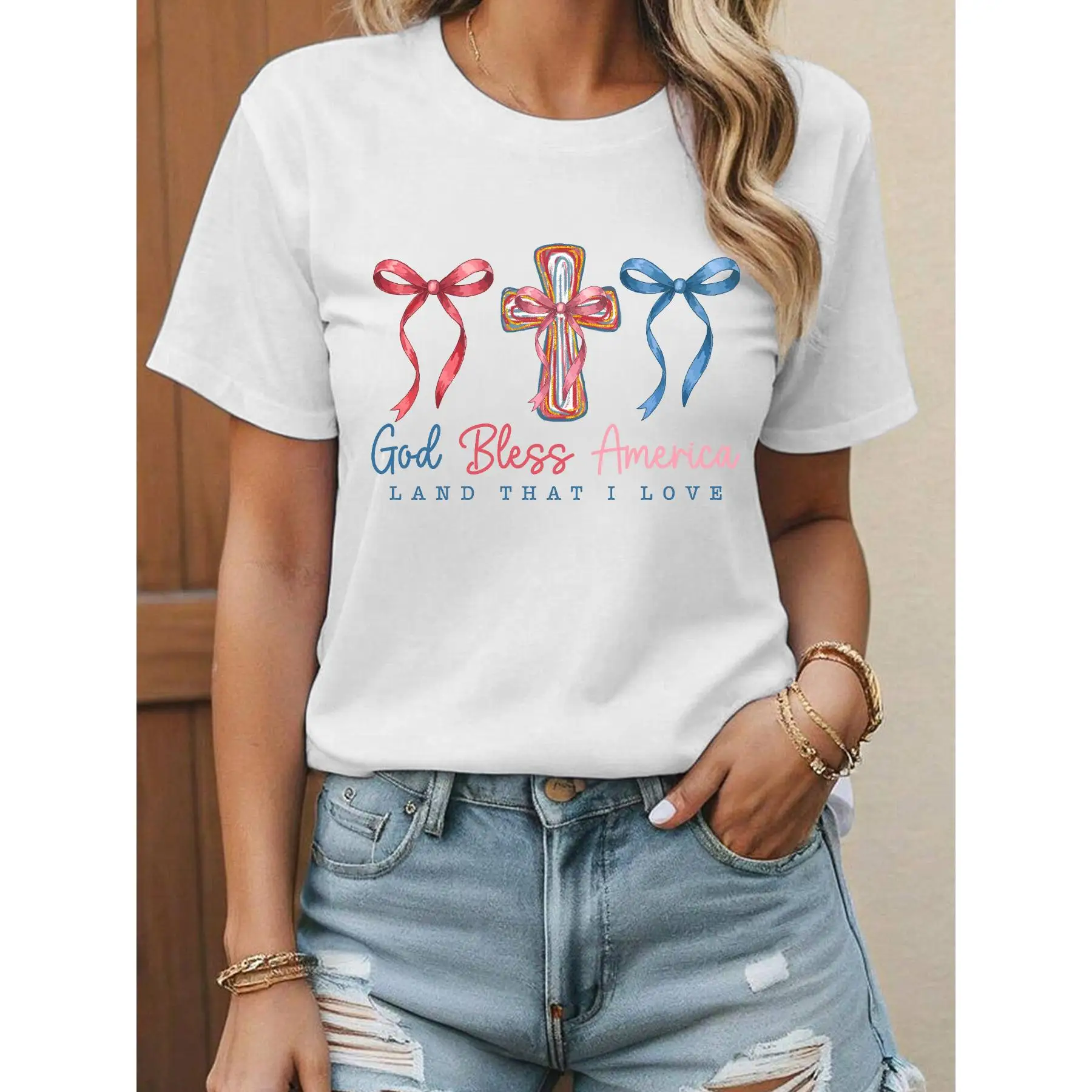 

Women God Bless America T-shirt Patriotic Cross Print Tee Christian Faith Tops Religious Bowknot Graphic Tee
