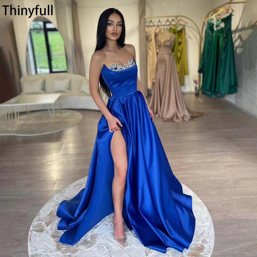 

Thinyfull Blue Saudi Arabia Prom Party Dresses Sweetheart Beading A Line Evening Dresses Leg Slit Celebrate Events Formal Dress