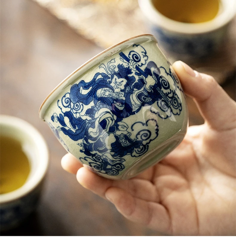 Hand Painted Cup Chinese Antique Wukong Pottery Jingdezheng Cups Beautiful Tea Cup Set Teaware Boat Mugs For Tea Ceremony