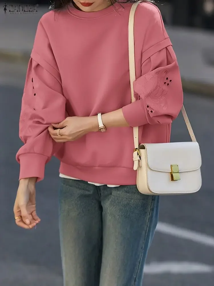 ZANZEA 가을 여성 자수 스웨트셔츠 긴 소매 풀오버 캐주얼 솔리드 O넥 패션 스웨트셔츠 2025 겨울 아우터웨어
