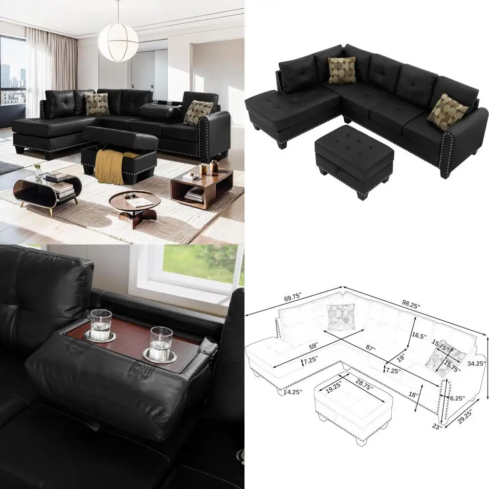 طقم أريكة مقطعية مكونة من 3 قطع على شكل حرف L مع مسند تخزين وحامل أكواب لأثاث غرفة المعيشة والمنزل #1