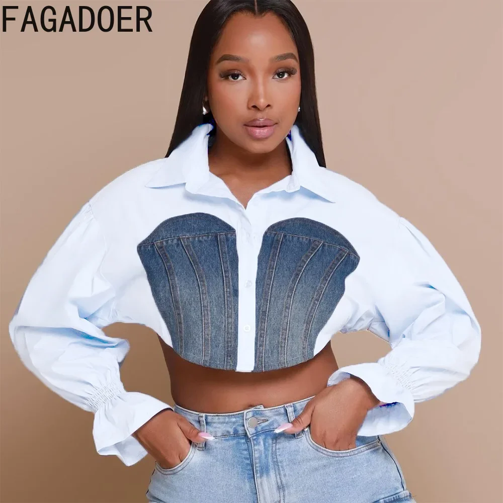 FAGADOER Cowboy Splicing Fashion Slim Shirts Women Turndown Collar Button Flare Long Sleeve Ruched Crop Top Autumn Clothing 2024