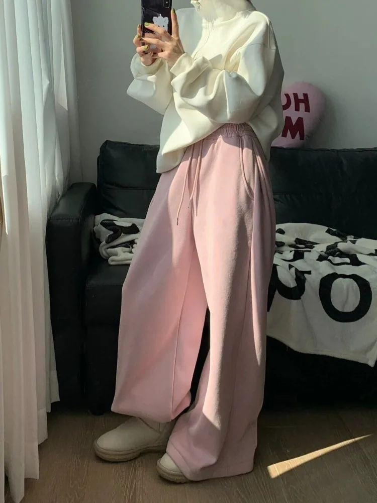 HOUZHOU Y2k Vintage Baggy Warm Sweatpants Pink Thick Korean Fashion Oversized Pants Harajuku Streetwear Trousers Winter Autumn