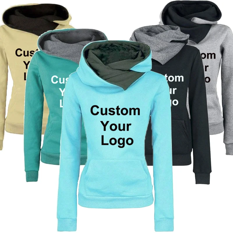 

New Fashion Womens Custom Your Logo Hoodies Lapel High Collar Long Sleeve Hooded Sweatshirts Casual Pullover Tops