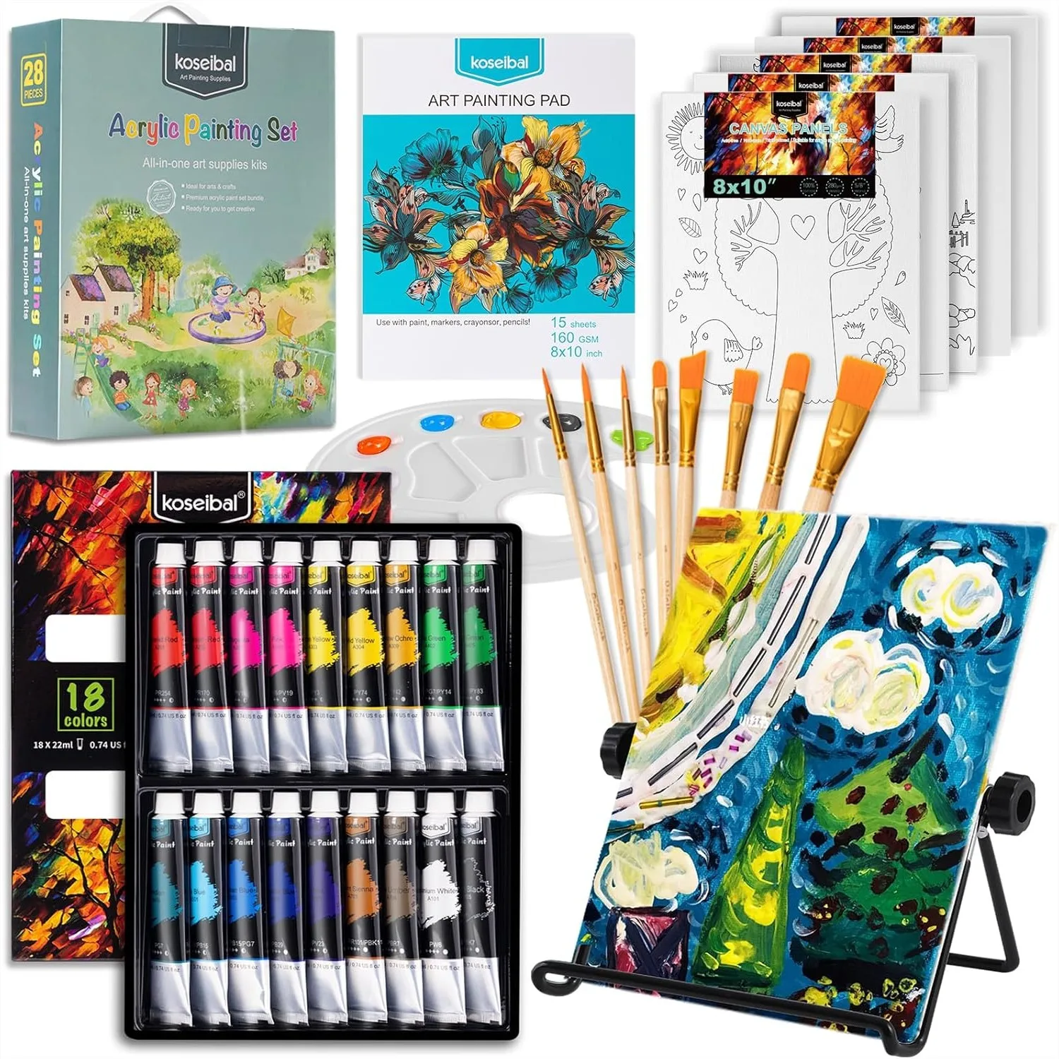 

Acrylic Paint Set for Kids, 18 Paints with 5 Canvas Panels, 8 Brushes, Table Easel, Art Supplies for Students and Beginners