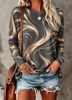 Women Crew Neck Long Sleeve Sweatshirt Rose Gold Swirl Scroll Glitter Print Casual Loose Pullover Ladies Daily Tops
